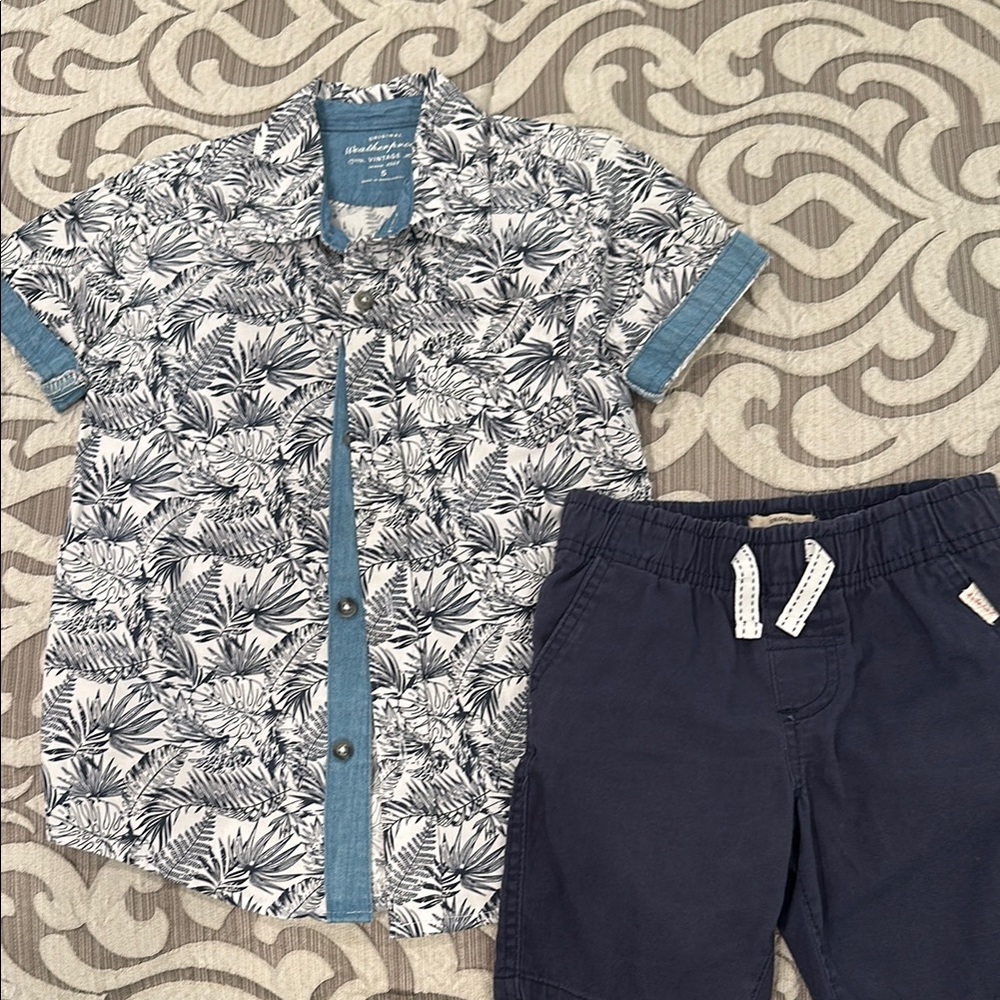 Blue and White Floral Shirt with Navy Shorts